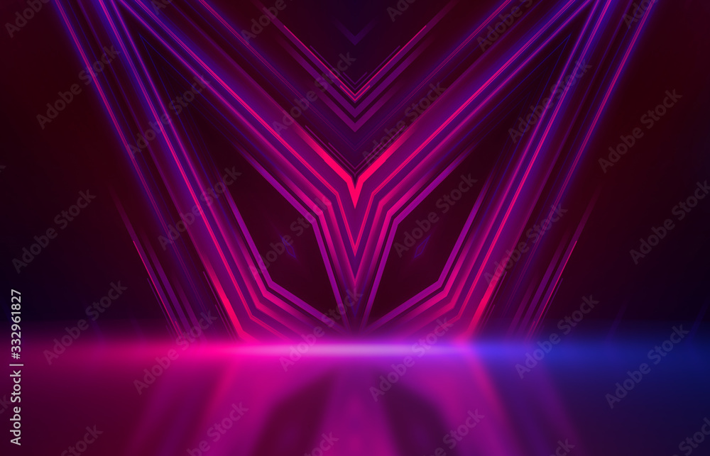 Background empty show scene. Ultraviolet dark abstract background. Geometric neon shapes, neon glow, blue and pink lighting Background empty show scene. Ultraviolet dark abstract background. Geometric neon shapes, neon glow, blue and pink lighting