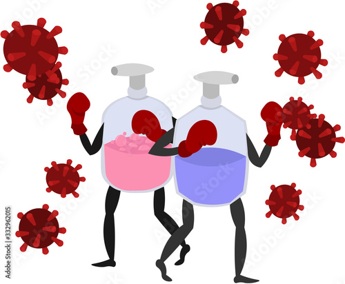 Coronavirus. Preventive measures. Soap and antiseptic in boxing gloves fight with the virus. The fight for health.