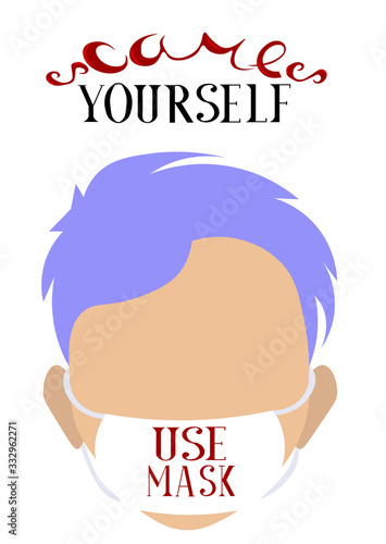 Take care of yourself. Use a mask. Coronavirus. Postcard, information brochure. Preventive measures. Person with blue hair.