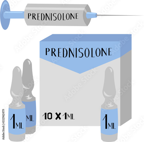 Prednisone. Steroid hormone. Medicine and pharmacy. Injection, syringe.