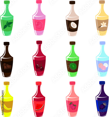 Set of vector bottles. Sweet syrups and toppings. Design for menu, cafe and restaurant.
