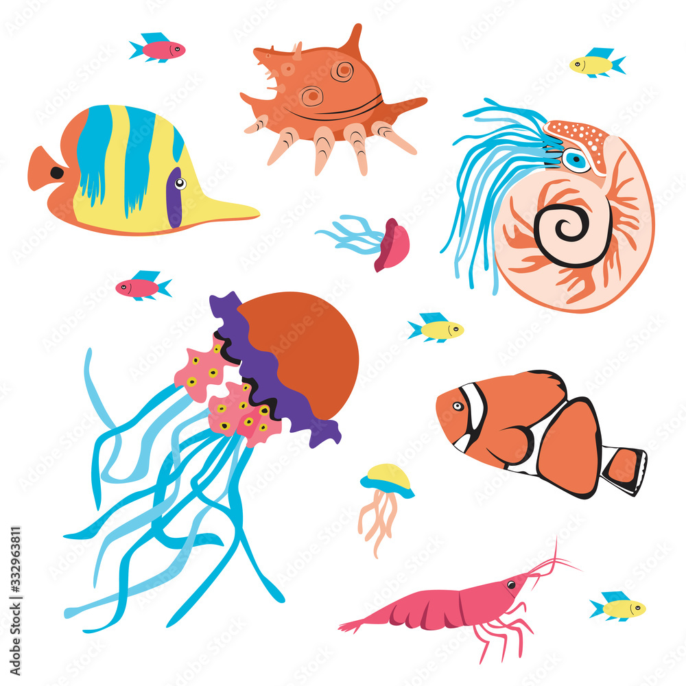 Set with nautilus, fish, jellyfish, colmar or character isolated on a white backgrouScandinavian flat vector stock illustration with a sea animal