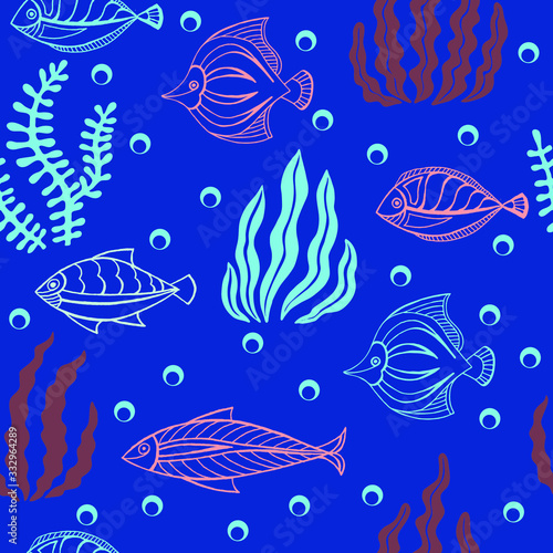 Hand drawing seamless vector drawing of seaweed. Pattern with fish and seaweed on a blue background for printing fabric, textile.