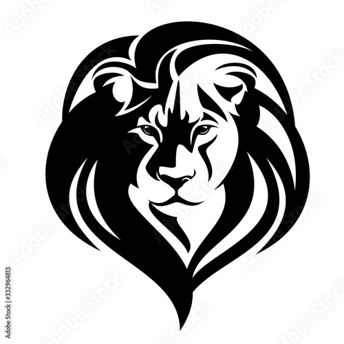wild african lion with big mane en face head portrait - big cat black and white vector design