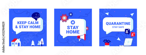 Modern templates about quarantine. Stay home safe icons with text box, speaker, virus, cat, computer and plant