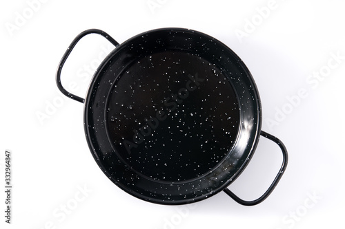 Empty black paella pan kitchenware isolated on white background. Top view
