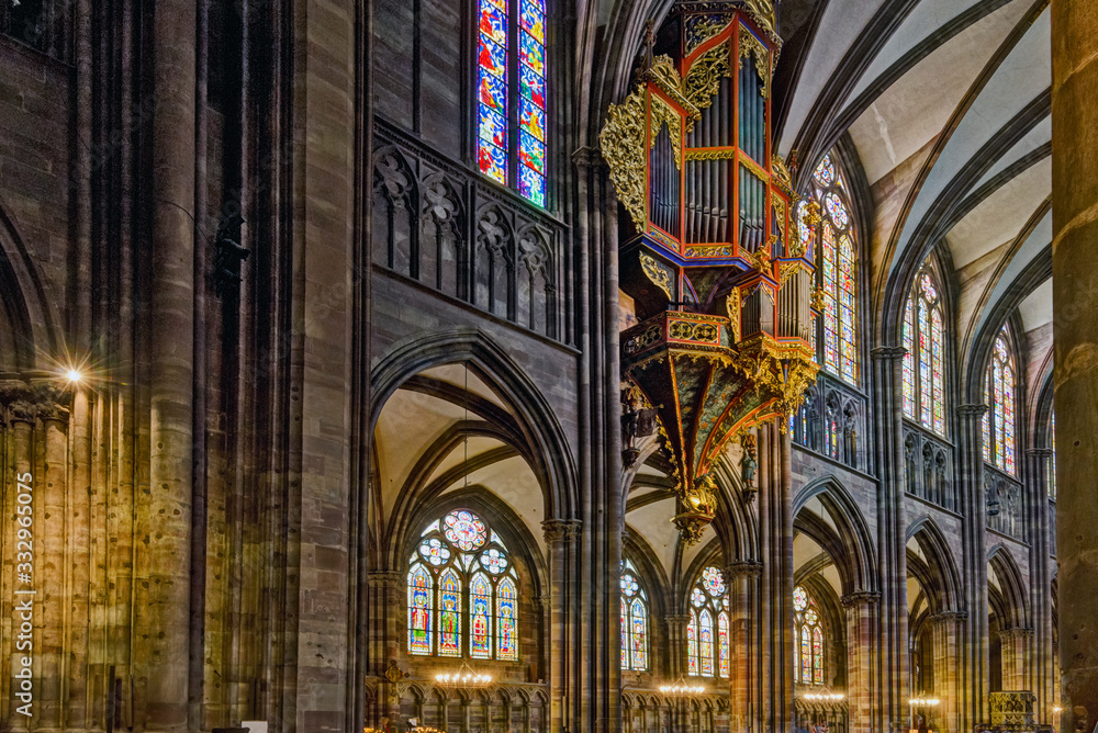 The great organ in swallow's nest in the cathedral of Strasbourg, France