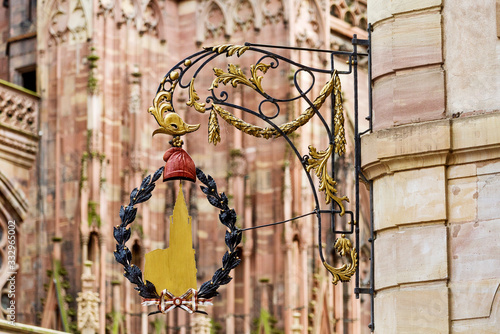 Iron sign tribute to Jean-Michel Sulzer who saved the spire and the tower of Strasbourg Cathedral France photo