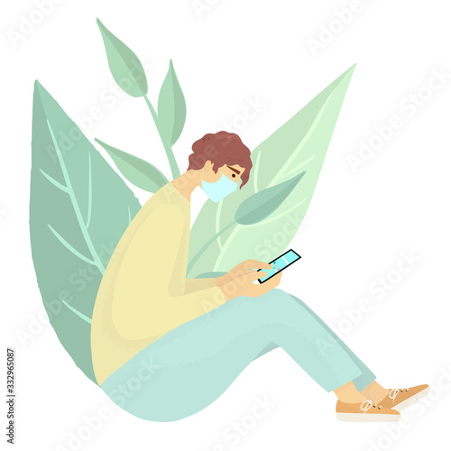 Coronavirus quarantine concept. Young guy sitting alone with smartphone. Man in a medical mask checking your phone. Vector flat illustration.