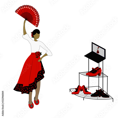 Home flamenco rehearsal because of pandemic. Flamenco dancer is wearing home slippers, not special dance shoes, so as not to make noise. She is looking at her choreographer on her laptop.