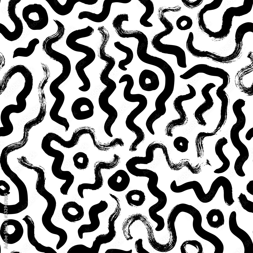 Black paint freehand scribbles vector seamless pattern. Wavy lines and round shapes, circles, dry brush stroke texture. Black paint freehand scribbles vector seamless pattern. Wavy lines and round shapes, circles, dry brush stroke texture.