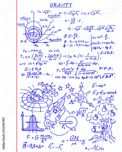 Gravity. The law of centrifugal force of the Earth. Physical equations on workbook. Vector hand-drawn illustration. Vintage scientific and educational background. 