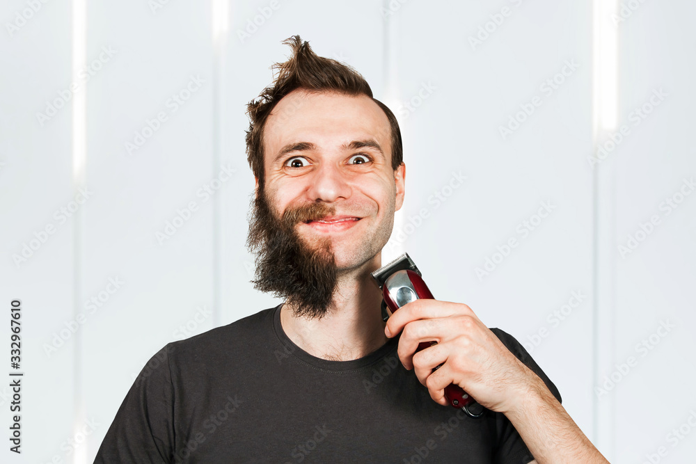 Before after and half hair. Handsome bearded man trimming his beard