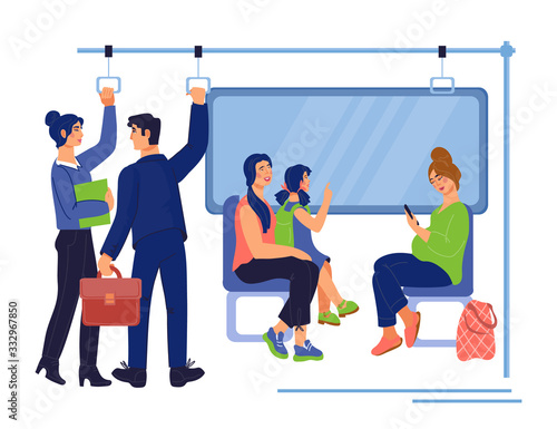 Passengers crowd cartoon characters in subway or suburban commute. People in public railway transport tube. Modern urban vehicle and transportation. Flat vector illustration isolated.