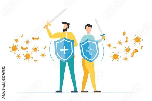 Vector illustration of a fight cow-19 coronirus. cure the crown virus. people fight virus concept. Coronvirus Vaccine Vaccine Concept. end of 2019 Do not be afraid of the concept of the crown virus.