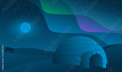 Landscape igloo night sky background northern lights