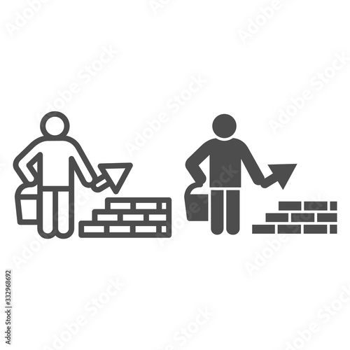 Builder with trowel line and solid icon. Worker man build brick masonry wall symbol, outline style pictogram on white background. Construction sign for mobile concept and web design. Vector graphics.