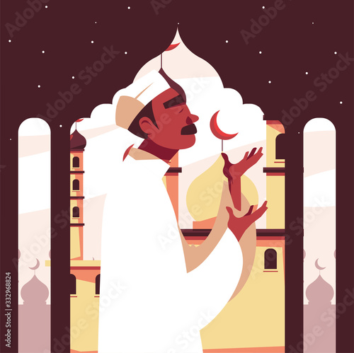 man muslim praying in mosque, ramadan kareem