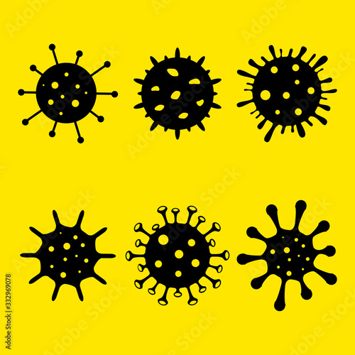Set of black virus icons. Coronavirus icon isolated on yellow background. China pathogen respiratory infection, asian flu outbreak. Microbe, bacterium icon in glyph style, corona virus.
