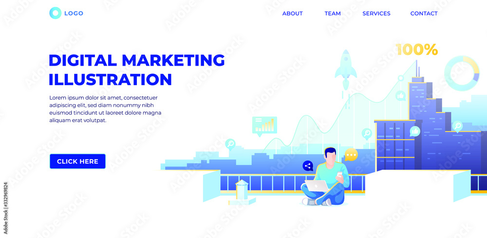 Modern digital marketing vector illustration for web page. User rooftop cityscape. Technologies concept. Social network and media communication. SEO