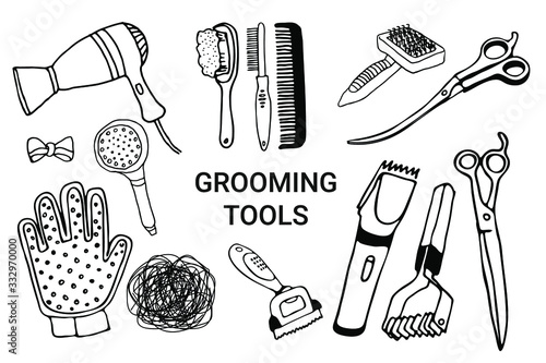 Set of pet grooming tools for dog styling and grooming salon, icons for web site design. Vector outline illustration of hair comb, brush, hair dryer, trimmers, scissors isolated on white background.