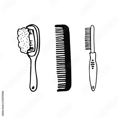 Set of pet grooming tools for dog styling and grooming salon, icons for web site design. Vector outline illustration of brush,  hair comb isolated on white background.