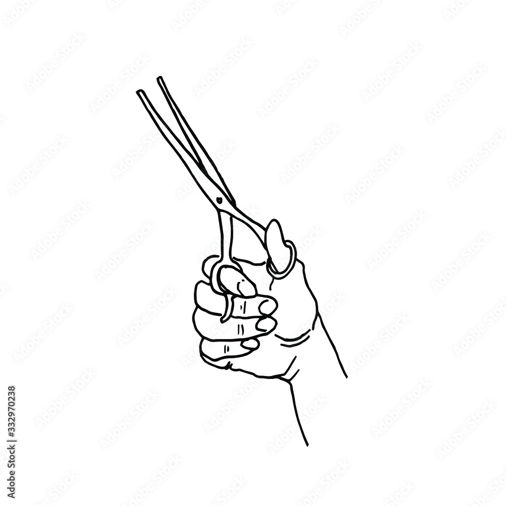 Illustration of hand with scissors for styling, grooming hair salon design. Vector line element isolated on white background. Illustration of hand with scissors for styling, grooming hair salon design. Vector line element isolated on white background.
