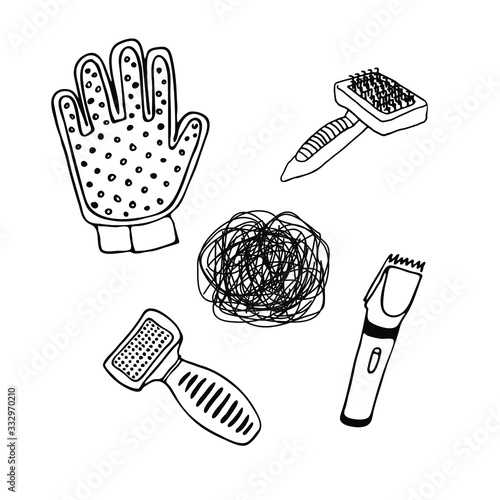 Set of pet grooming tools and animal hair for dog styling and grooming salon, store icons  for web site design. Vector outline illustration of glove, clipper, shedding isolated on white background.