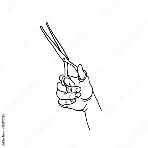 Illustration of hand with scissors for styling, grooming hair salon design.  Vector line element isolated on white background.