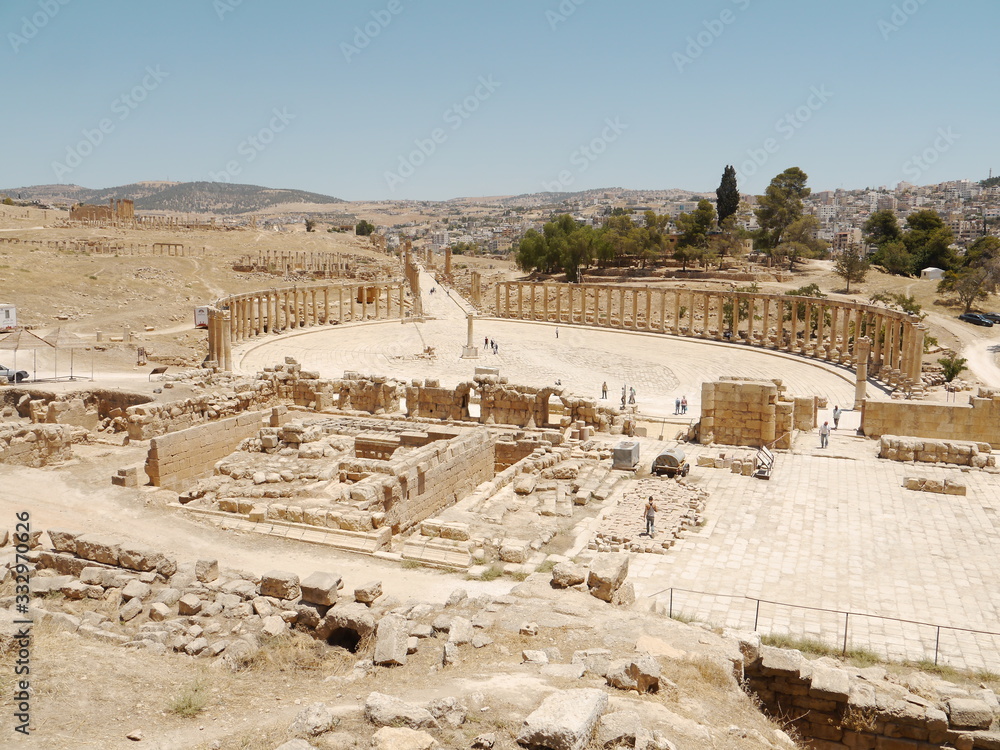 panoramic view on skyline of Jerash (Gerasa) with famous old roman Oval Plaza, kingdom Jordan, Middle East
