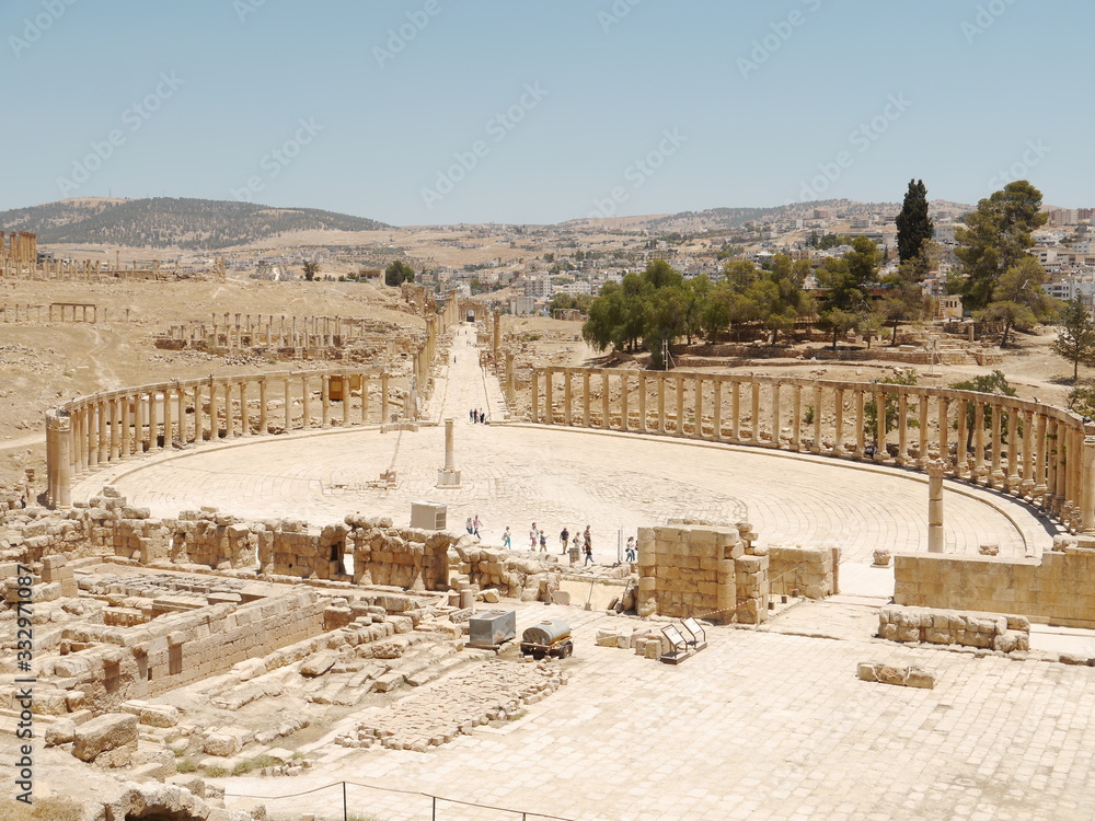 panoramic view on skyline of Jerash (Gerasa) with famous old roman Oval Plaza, kingdom Jordan, Middle East