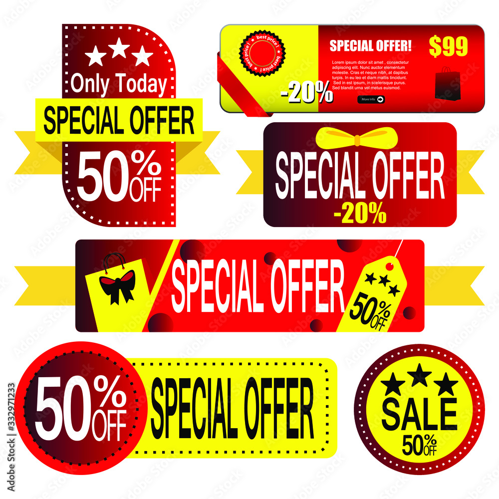 Set of banner elements, discount tag collection, special offer. Modern yellow and red sale website stickers.