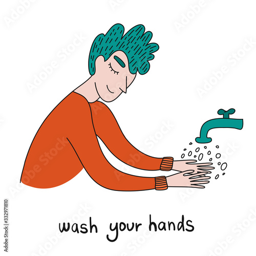 Washing hands to sanitize and disinfect COVID-19. Man washing hands with soap with bubbles. Virus prevention concept. COVID-19 hygiene promotion with washing your hands