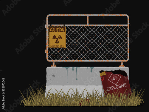Isolated rusty barrier with radioactive warning sign on black background