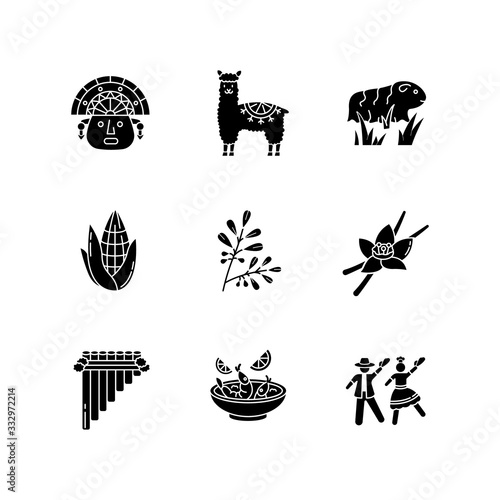 Peru black glyph icons set on white space. Hispanic history, traditions, cuisine. Incas, alpaca, guinea pig, corn, coca, vanilla, ceviche, marinera. Silhouette symbols. Vector isolated illustration