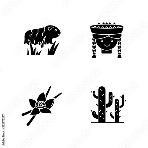 Peru black glyph icons set on white space. Incas country features. Guinea pig, peruvian girl, vanilla, cactuses. Traveling in South America. Silhouette symbols. Vector isolated illustration