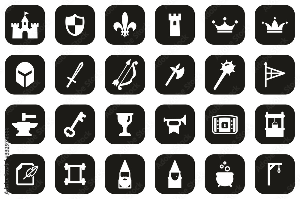 Medieval Castle Icons White On Black Flat Design Set Big Medieval Castle Icons White On Black Flat Design Set Big