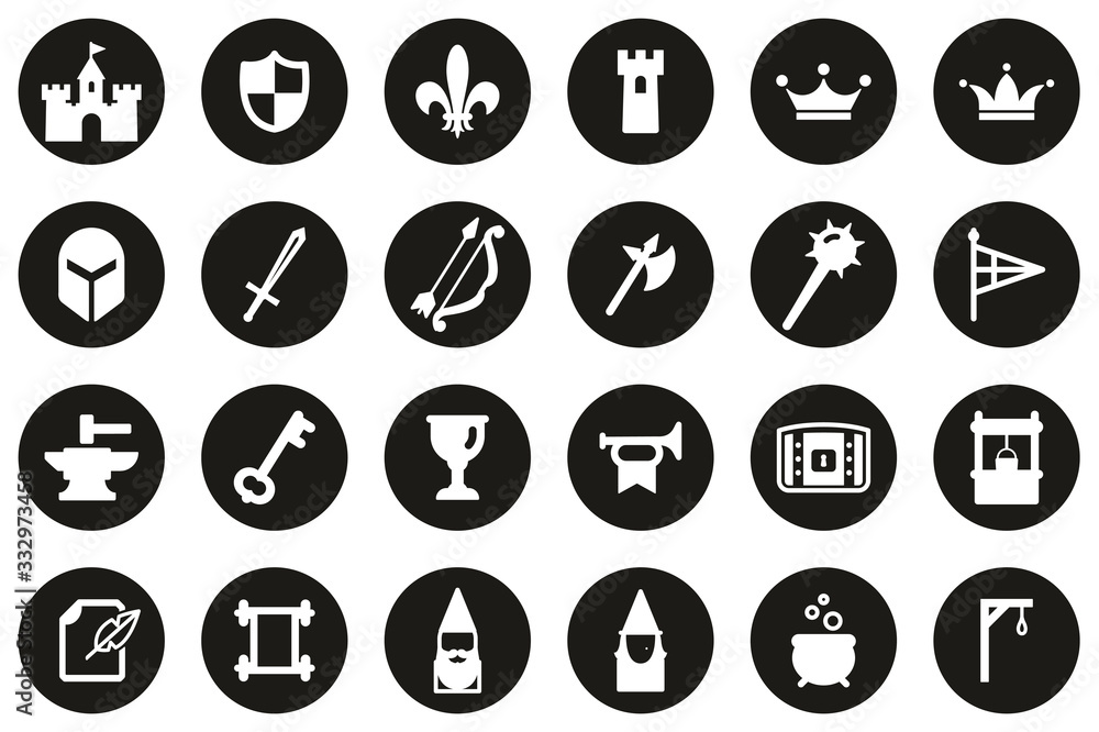 Medieval Castle Icons White On Black Flat Design Circle Set Big Medieval Castle Icons White On Black Flat Design Circle Set Big
