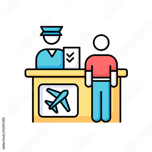 Airport information desk RGB color icon. Registration desk for airplane passengers. Helpdesk to provide flight information. People at reception. Counter personnel check. Isolated vector illustration