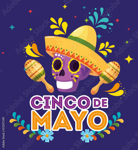 cinco de mayo poster with skull and icons decoration vector illustration design