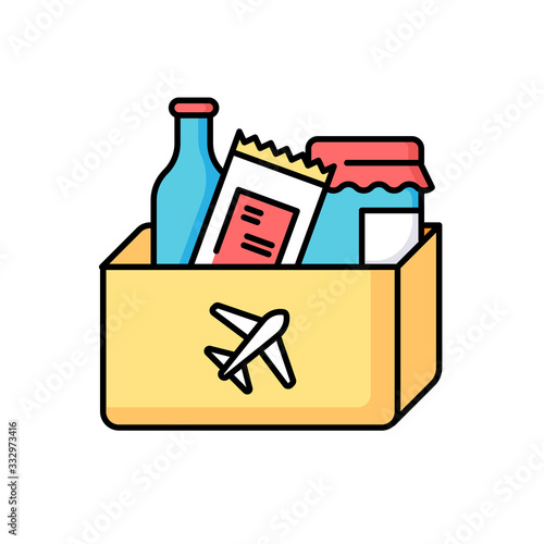 Duty free shopping RGB color icon. Products in bag from airport store. Buy vacation gift with zero taxes. Supermarket in aircraft terminal. Discount for goods. Isolated vector illustration