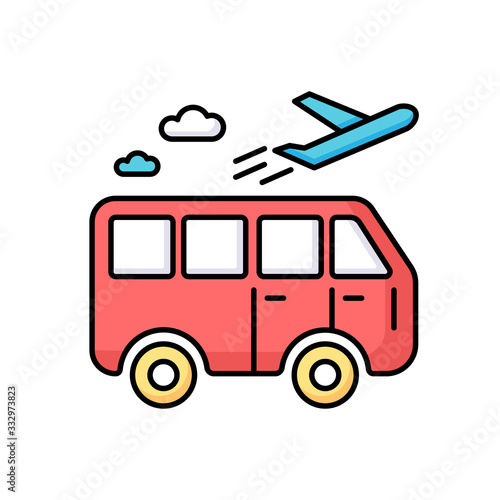 Travel means RGB color icon. Transportation types for traveling. Public transport station for tourism. Bus ride. Airplane departure. Going on vacation. Journey and trip. Isolated vector illustration
