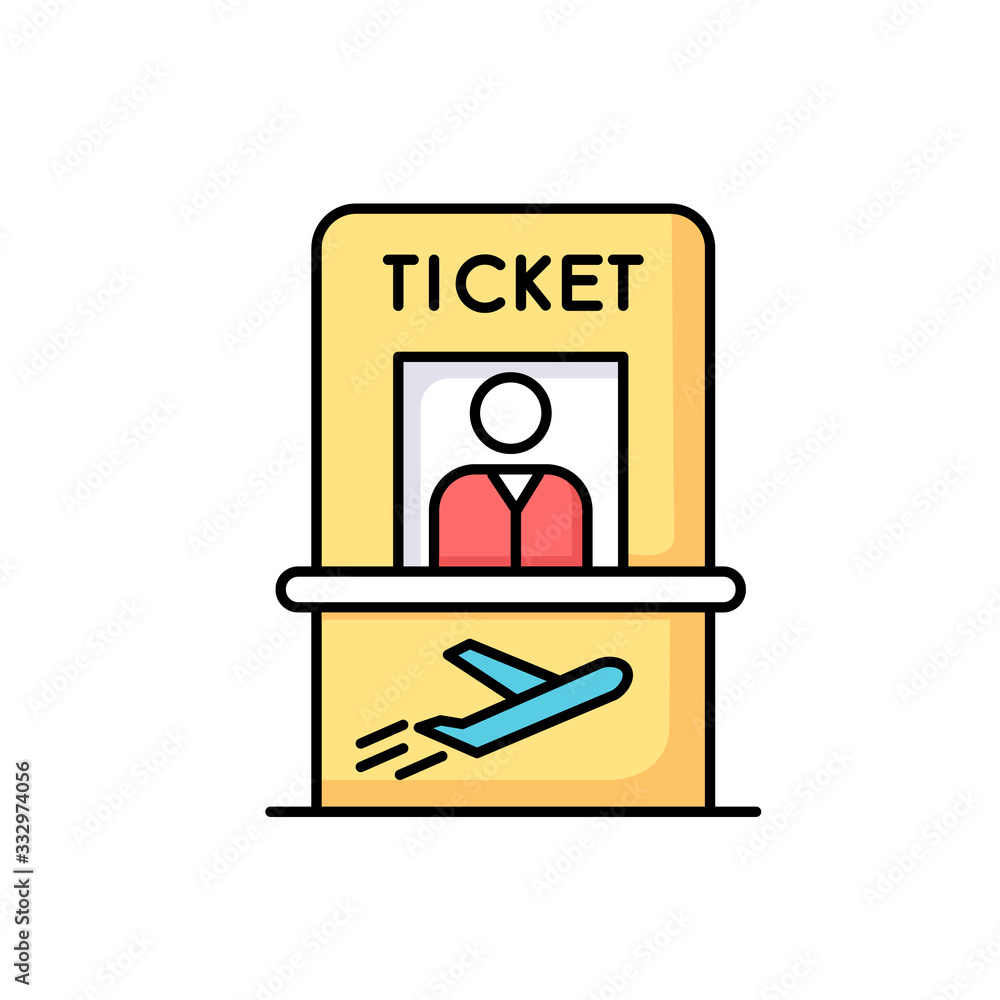 Airplane ticket counter RGB color icon. Get boarding pass at registration counter. Check in for flight abroad. Trip departure checkout. Kiosk with personnel at aircraft. Isolated vector illustration Airplane ticket counter RGB color icon. Get boarding pass at registration counter. Check in for flight abroad. Trip departure checkout. Kiosk with personnel at aircraft. Isolated vector illustration