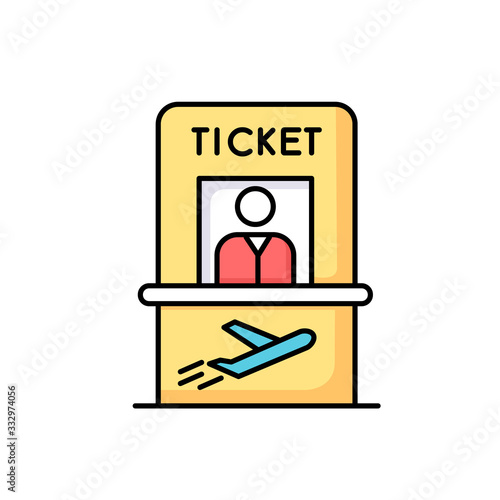 Airplane ticket counter RGB color icon. Get boarding pass at registration counter. Check in for flight abroad. Trip departure checkout. Kiosk with personnel at aircraft. Isolated vector illustration