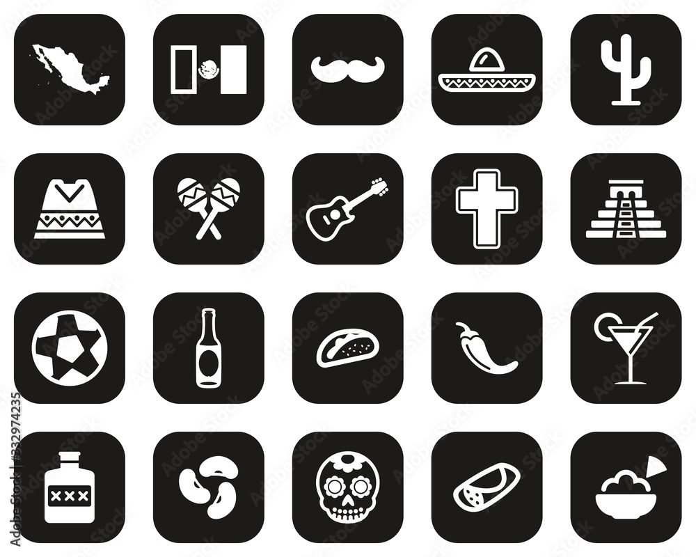 Mexico Country & Culture Icons White On Black Flat Design Set Big Mexico Country & Culture Icons White On Black Flat Design Set Big