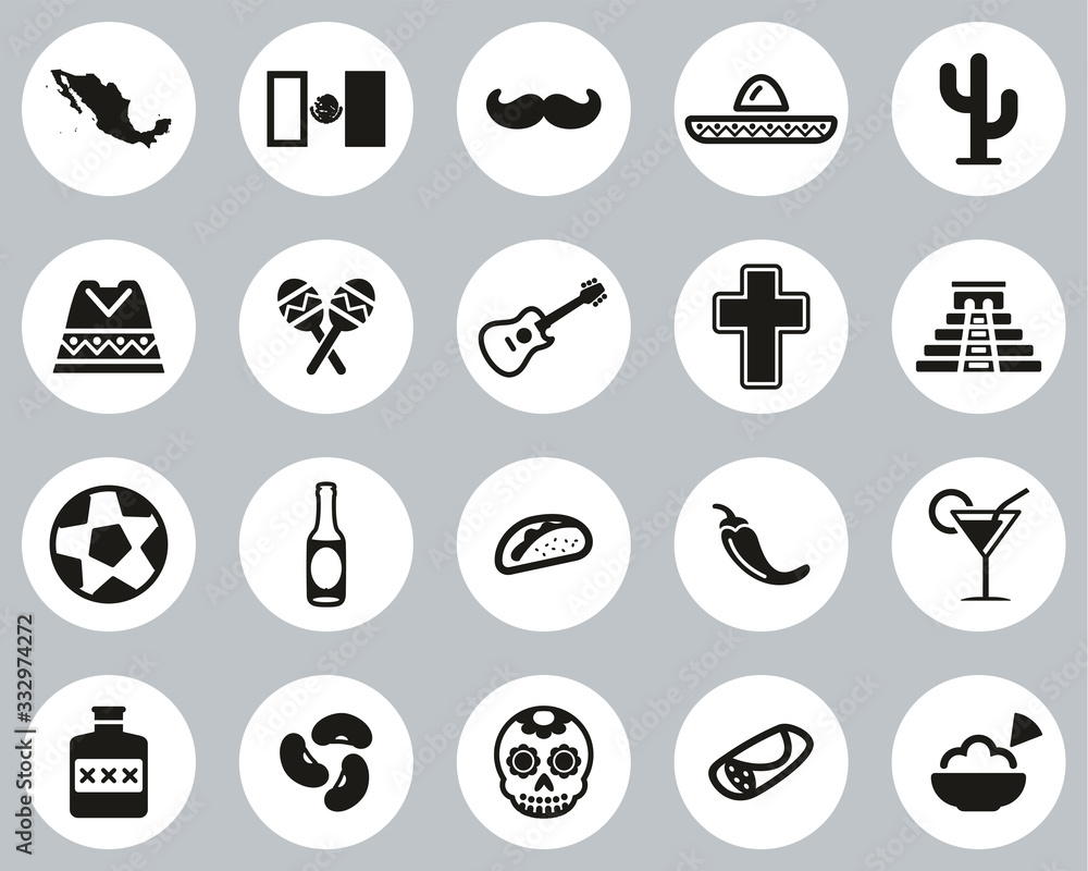 Mexico Country & Culture Icons Black & White Flat Design Circle Set Big