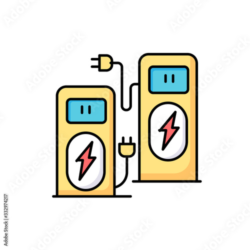 Power recharge terminal RGB color icon. Self service kiosk to charge vehicle. Accumulator for alternative fuel supply. Technology charger. Power station for transport. Isolated vector illustration