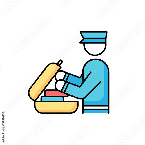 Security check luggage RGB color icon. Safe control for baggage. Passenger bag inspection. Suitcase custom check before airplane departure. Police officer duty. Isolated vector illustration