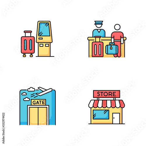 Airport terminal RGB color icons set. Self service kiosk to check in. Boarding registration desk. Gate window. Airplane departure. Duty free store. Checked baggage. Isolated vector illustrations