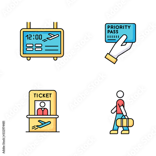 Airport terminal RGB color icons set. Flight information on electronic scoreboard. Male passenger with luggage. Timetable for departure. Ticket for plane. Priority pass. Isolated vector illustrations